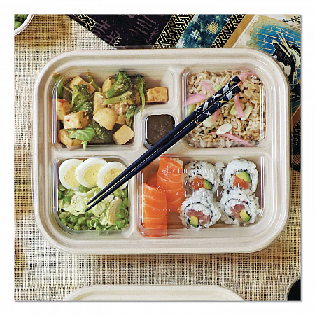 Fiber Containers, Bento Box, 5 Compartments, 12 x 9.5 x 2, Natural, Paper, 300/Carton (TRSCBBLFS)