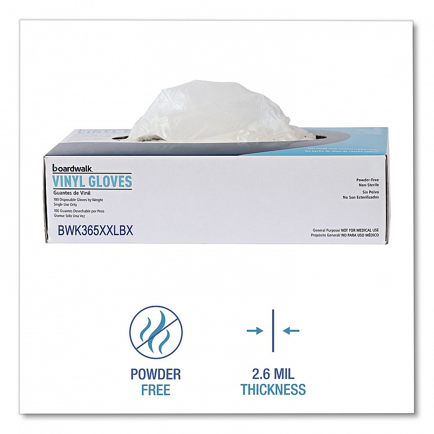 General Purpose Vinyl Gloves, Powder-Free, XX-Large, 2.6 mil Thick, 9.5" Long, Clear, 100/Box (365XXLBX)