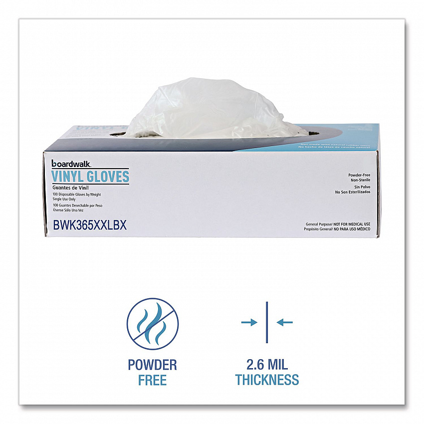 General Purpose Vinyl Gloves, Powder-Free, XX-Large, 2.6 mil Thick, 9.5" Long, Clear, 100/Box, 10 Boxes/Carton (365XXLCT)