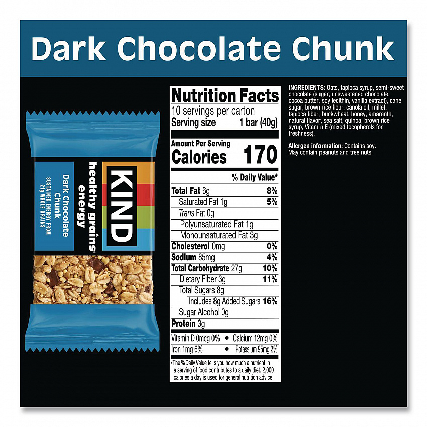 Healthy Grains Energy Dark Chocolate Chunk Bars, 1.4 oz Bar, 10/Box (67074)