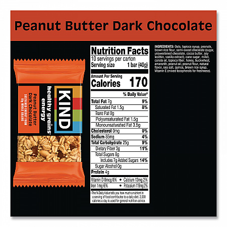 Healthy Grains Energy Peanut Butter Dark Chocolate Bars, 1.4 oz Bar, 10/Box (67075)