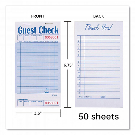 Guest Check Pad with Ruled Back, 15 Lines, One-Part (No Copies), 3.5 x 6.7, 50 Forms/Pad, 50 Pads/Carton (GC36321)