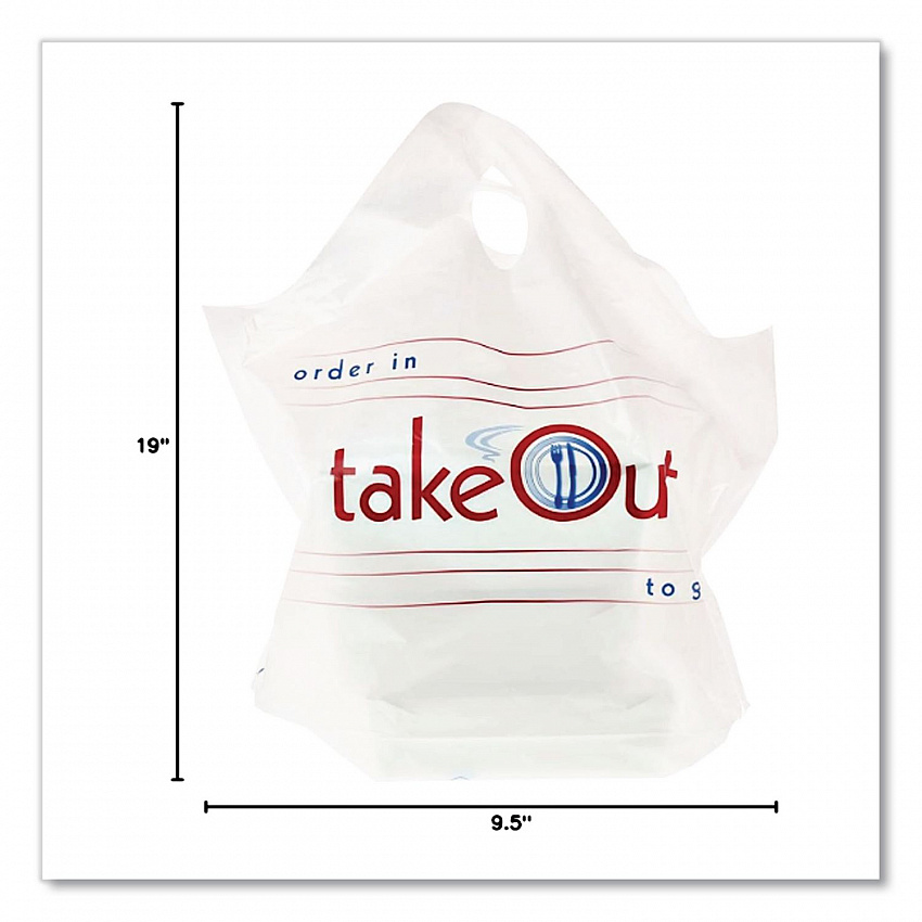 Wave Top To-Go Bags, Take-Out Labeling, Cut-Out Handles, 19" x 9.5" x 19", White/Blue/Red, 500/Carton (RPWB1919)