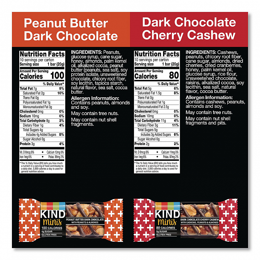 Minis Peanut Butter Dark Chocolate and Dark Chocolate Cherry Cashew Variety Pack, 0.74 oz Bar, 20/Box (43012)