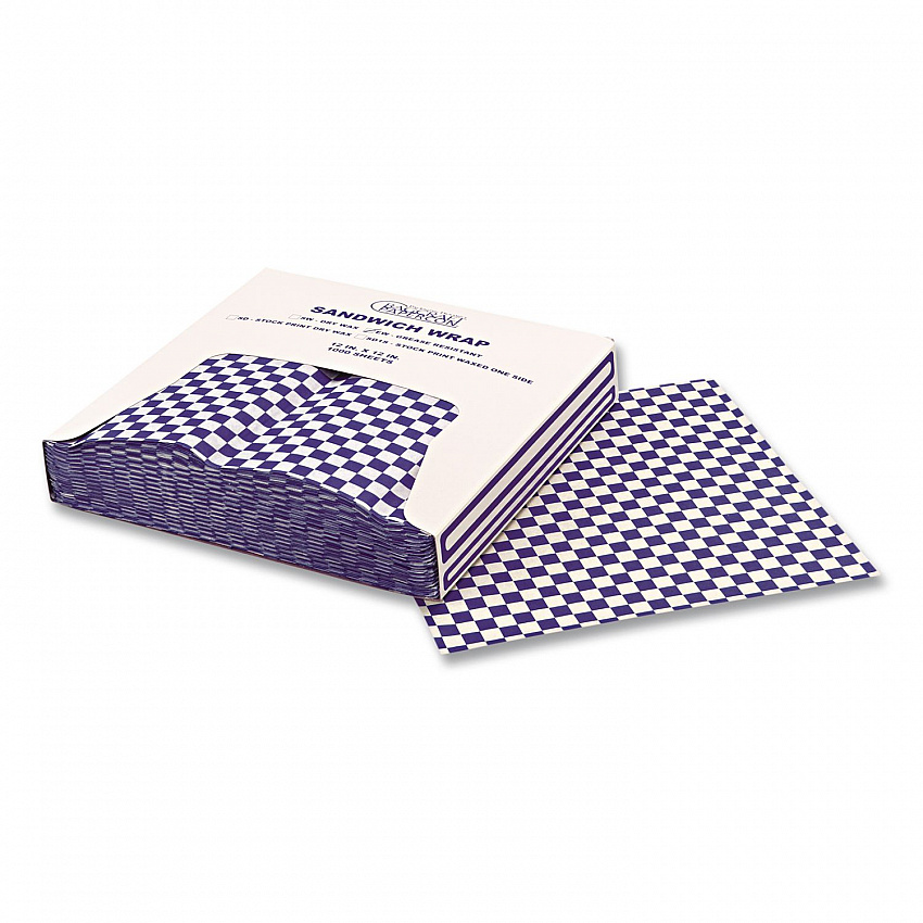 Grease-Resistant Paper Wraps and Liners, 12 x 12, Blue Check, 1,000/Box, 5 Boxes/Carton (057850)