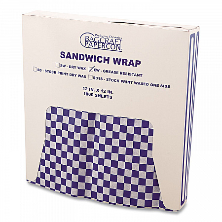 Grease-Resistant Paper Wraps and Liners, 12 x 12, Blue Check, 1,000/Box, 5 Boxes/Carton (057850)