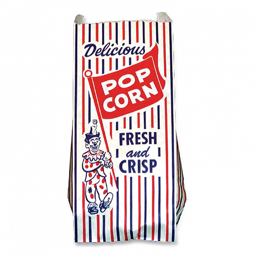 Pinch-Bottom Paper Popcorn Bag, Delicious Popcorn: Circus Clown Icon Labeling, 4" x 1.5" x 8", Red/White/Blue, 1,000/Carton (300471)