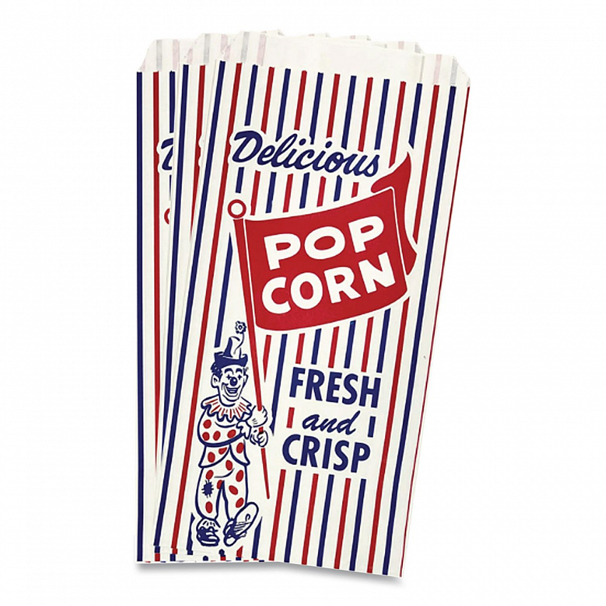 Pinch-Bottom Paper Popcorn Bag, Delicious Popcorn: Circus Clown Icon Labeling, 4" x 1.5" x 8", Red/White/Blue, 1,000/Carton (300471)