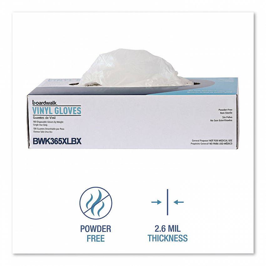 General Purpose Vinyl Gloves, Powder-Free, X-Large, 2.6 mil Thick, 9.5" Long, Clear, 100/Box, 10 Boxes/Carton (365XLCT)