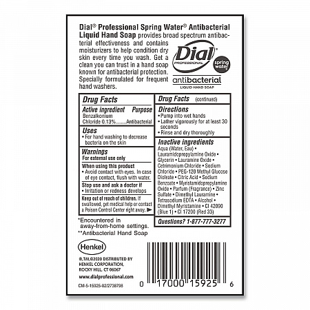Antibacterial Liquid Hand Soap, Spring Water Scent, 1 gal, 4/Carton (15926)