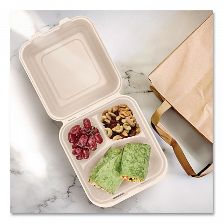 Compostable Molded Fiber Hinged Trays, ProPlanet Seal, 3 Compartments, 8.65 x 7.94 x 2.98, Natural, 200/Carton (80FBRHT3)