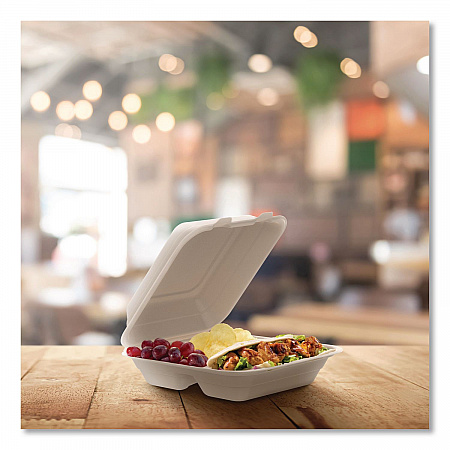 Compostable Molded Fiber Hinged Trays, ProPlanet Seal, 3 Compartments, 8.65 x 7.94 x 2.98, Natural, 200/Carton (80FBRHT3)