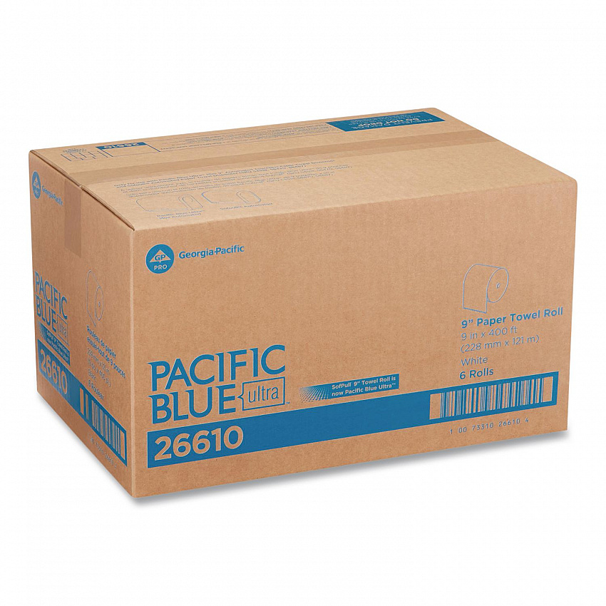 SofPull Hardwound Paper Towel Roll, Nonperforated, 1-Ply, 9" x 400 ft, White, 6 Rolls/Carton (26610)
