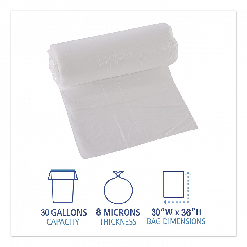 High-Density Can Liners, 30 gal, 8 mic, 30" x 36", Natural, Perforated Roll, 25 Bags/Roll, 20 Rolls/Carton (303610)