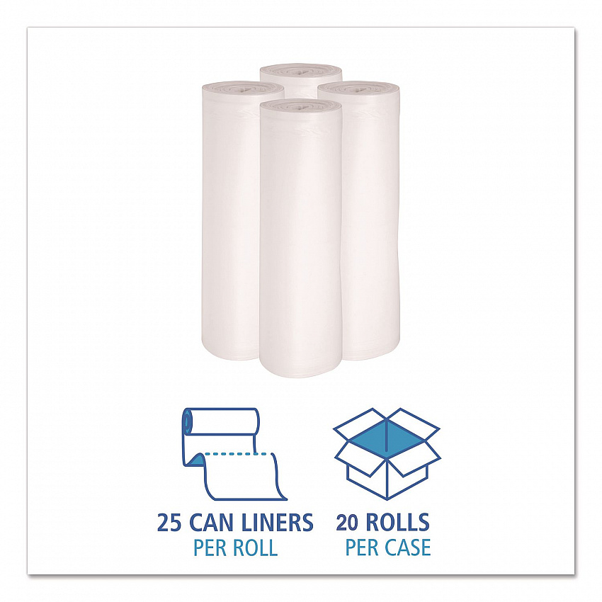 High-Density Can Liners, 30 gal, 10 mic, 30" x 36", Natural, Perforated Roll, 25 Bags/Roll, 20 Rolls/Carton (303613)