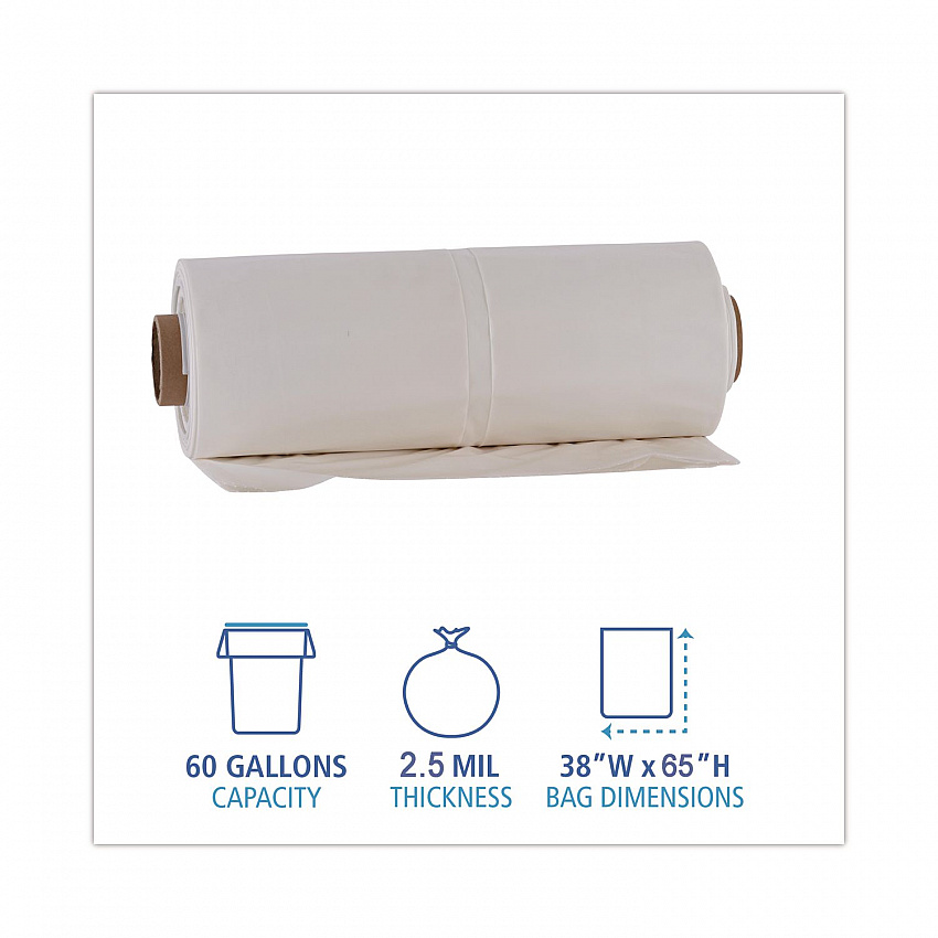 Industrial Can Liner Rolls, 60 gal, 2.5 mil, 21" x 17" x 65", Clear, 50/Carton (D3865)