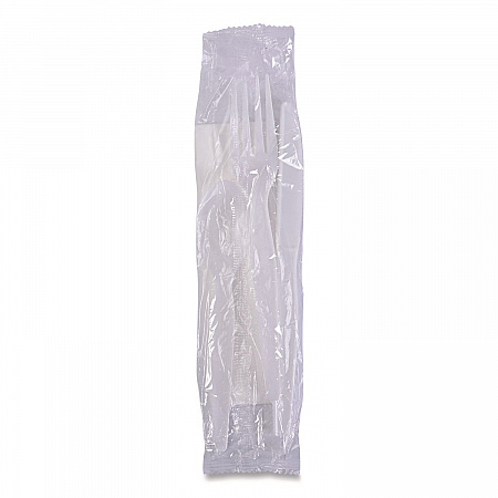 Four-Piece Cutlery Kit, Mediumweight, Fork/Knife/Napkin/Spoon, Plastic, White, 250/Carton (FKTNMWPPWH)