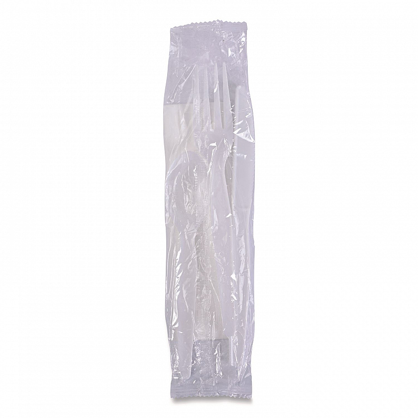 Four-Piece Cutlery Kit, Mediumweight, Fork/Knife/Napkin/Spoon, Plastic, White, 250/Carton (FKTNMWPPWH)