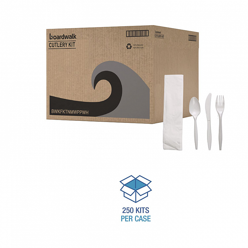Four-Piece Cutlery Kit, Mediumweight, Fork/Knife/Napkin/Spoon, Plastic, White, 250/Carton (FKTNMWPPWH)