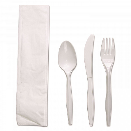Four-Piece Cutlery Kit, Mediumweight, Fork/Knife/Napkin/Spoon, Plastic, White, 250/Carton (FKTNMWPPWH)