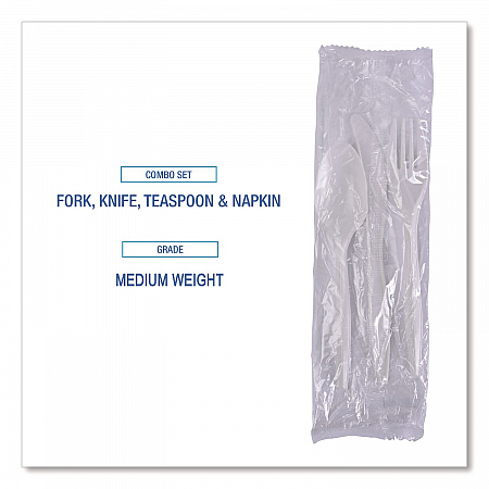 Four-Piece Cutlery Kit, Mediumweight, Fork/Knife/Napkin/Spoon, Plastic, White, 250/Carton (FKTNMWPPWH)