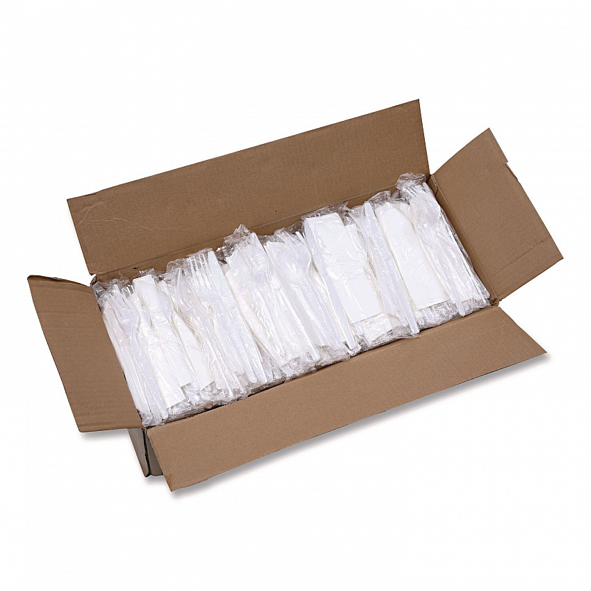 Four-Piece Cutlery Kit, Mediumweight, Fork/Knife/Napkin/Spoon, Plastic, White, 250/Carton (FKTNMWPPWH)