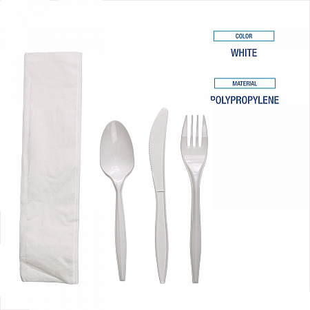 Four-Piece Cutlery Kit, Mediumweight, Fork/Knife/Napkin/Spoon, Plastic, White, 250/Carton (FKTNMWPPWH)