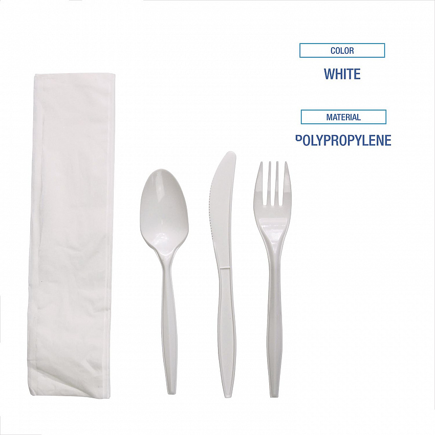 Four-Piece Cutlery Kit, Mediumweight, Fork/Knife/Napkin/Spoon, Plastic, White, 250/Carton (FKTNMWPPWH)