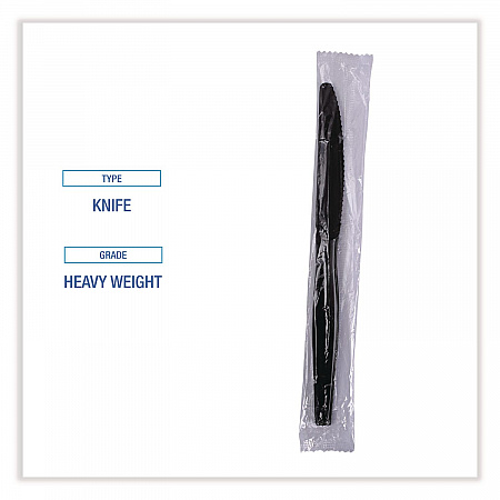 Heavyweight Wrapped Polypropylene Cutlery, Knife, Plastic, Black, 1,000/Carton (KNIHWPPBIW)