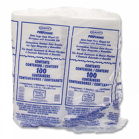Foam Hinged Lid Containers, 3 Compartments, 9.5 x 10.26 x 3.4, White, 200/Carton (110HT3)