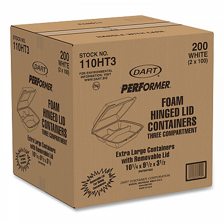 Foam Hinged Lid Containers, 3 Compartments, 9.5 x 10.26 x 3.4, White, 200/Carton (110HT3)