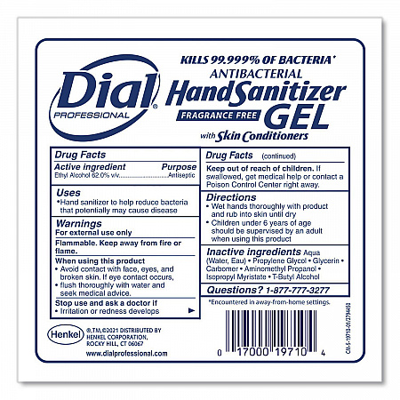 Antibacterial Gel Hand Sanitizer Refill for Dial 1700 Dispenser, 1.2 L Refill, Fragrance-Free, 3/Carton (19711)