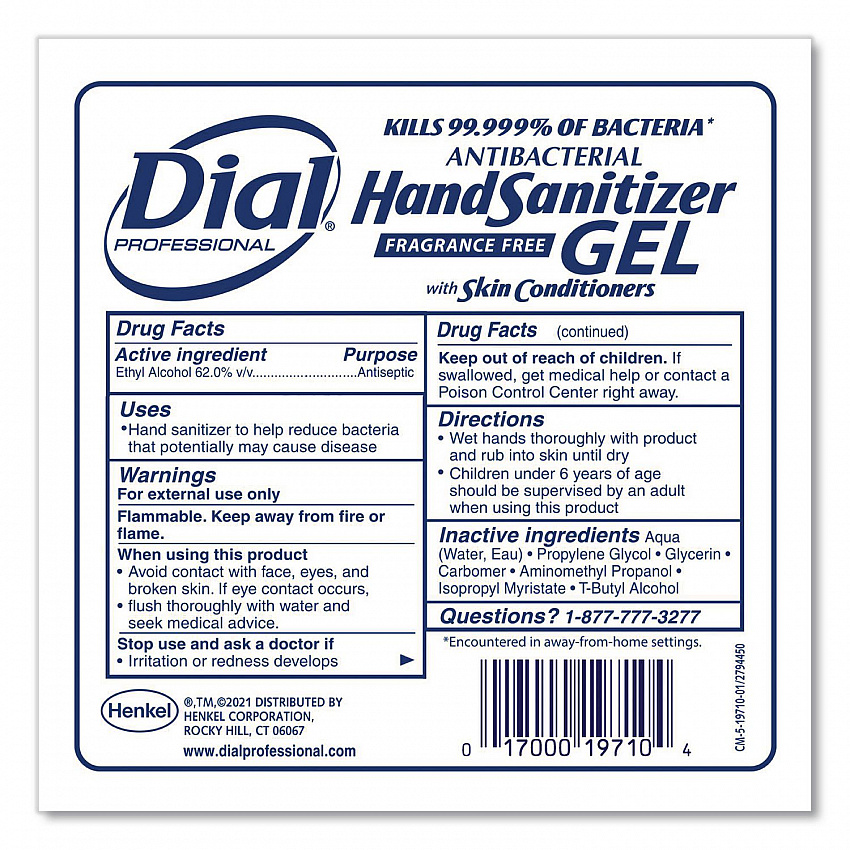 Antibacterial Gel Hand Sanitizer Refill for Dial 1700 Dispenser, 1.2 L Refill, Fragrance-Free, 3/Carton (19711)