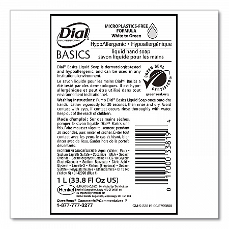 Basics MP Free Liquid Hand Soap Refill, Unscented, 1 L, 8/Carton (33821)