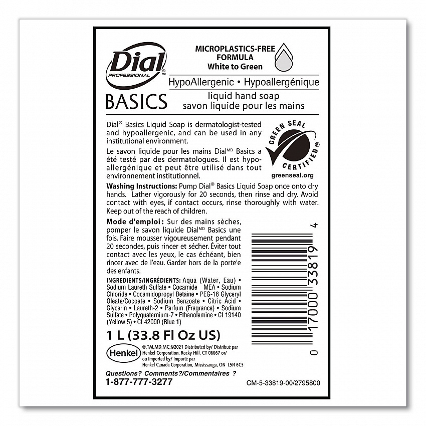 Basics MP Free Liquid Hand Soap Refill, Unscented, 1 L, 8/Carton (33821)