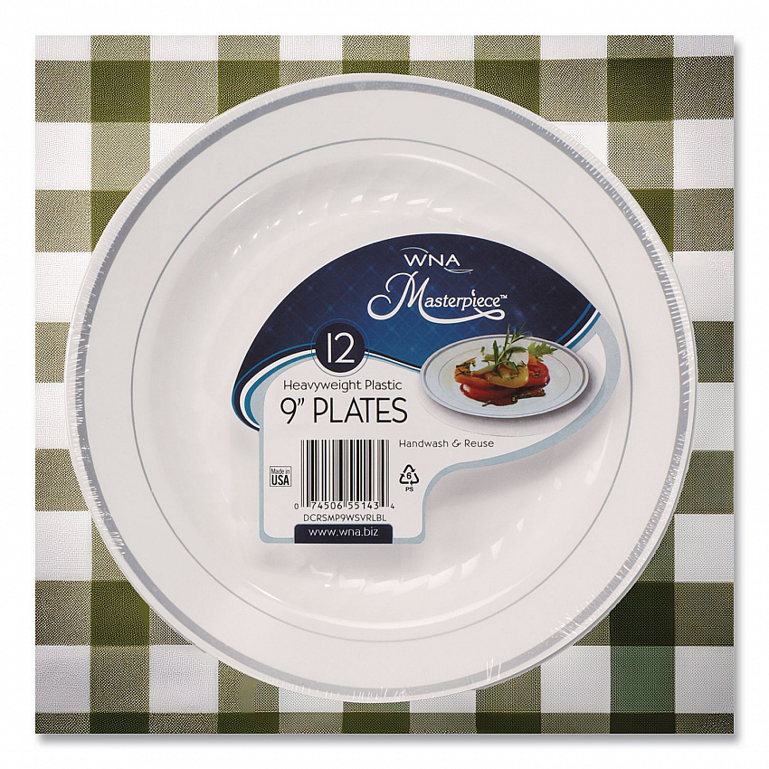 Masterpiece Plastic Plates, 9" dia, White/Silver, 10/Pack, 12 Packs/Carton (RSM91210WS)