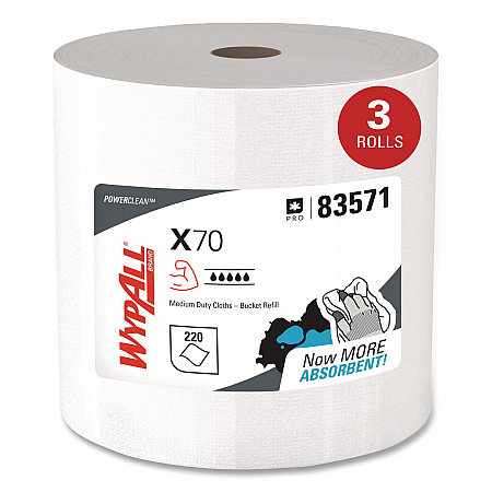 X70 Wipers in a Bucket Refills, No Bucket, 13 x 10, Unscented, White, 220/Rolls, 3 Rolls/Carton (83571)