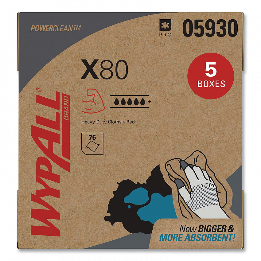 Power Clean X80 Heavy Duty Cloths, HYDROKNIT, POP-UP Box, 8.34 x 16.8, Red, 76/Box, 5 Box/Carton (05930)