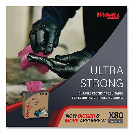 Power Clean X80 Heavy Duty Cloths, HYDROKNIT, POP-UP Box, 8.34 x 16.8, Red, 76/Box, 5 Box/Carton (05930)