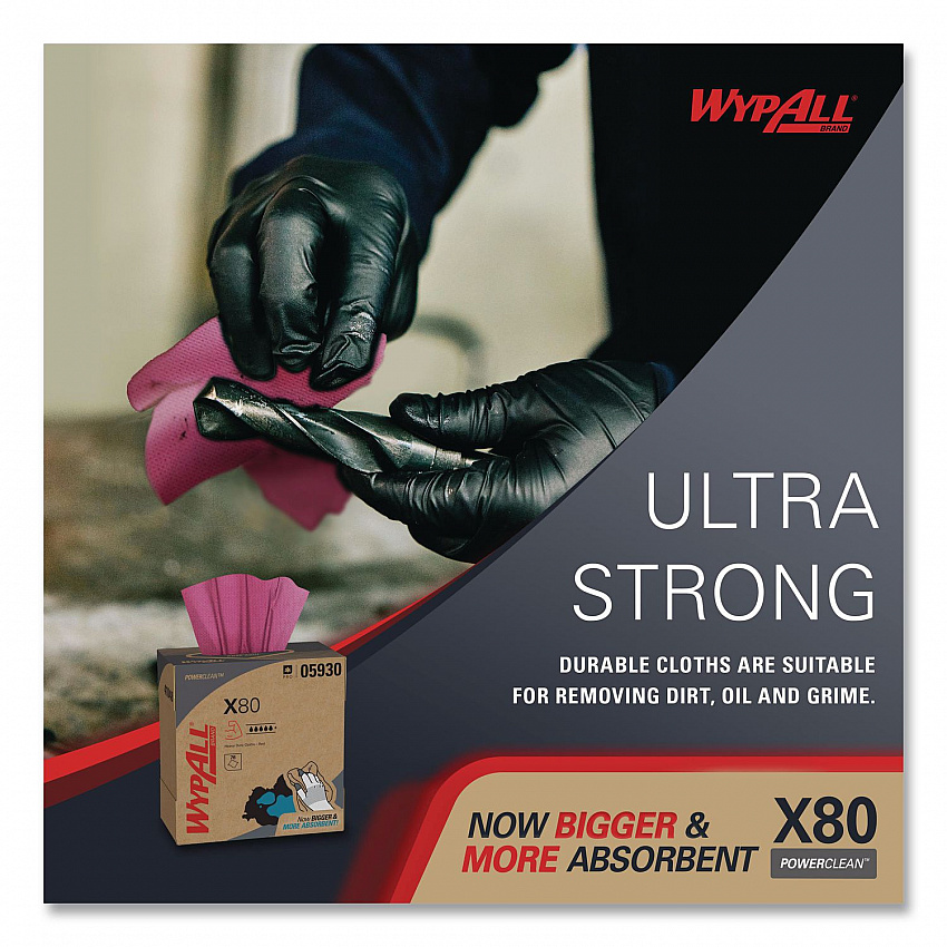 Power Clean X80 Heavy Duty Cloths, HYDROKNIT, POP-UP Box, 8.34 x 16.8, Red, 76/Box, 5 Box/Carton (05930)