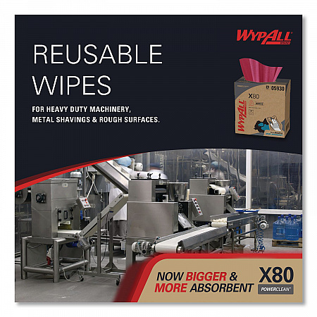 Power Clean X80 Heavy Duty Cloths, HYDROKNIT, POP-UP Box, 8.34 x 16.8, Red, 76/Box, 5 Box/Carton (05930)