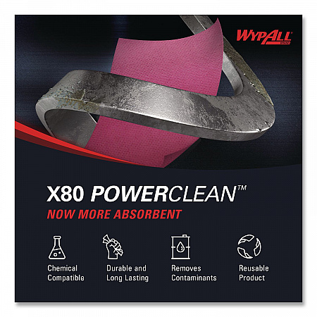 Power Clean X80 Heavy Duty Cloths, HYDROKNIT, POP-UP Box, 8.34 x 16.8, Red, 76/Box, 5 Box/Carton (05930)