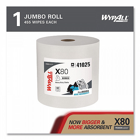 Power Clean X80 Heavy Duty Cloths, Jumbo Roll, 12.4 x 12.2, White, 455/Roll (41025)