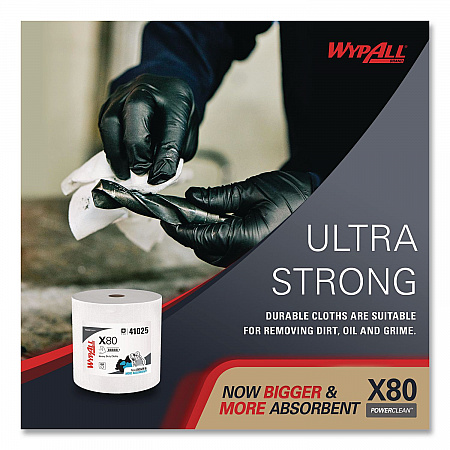 Power Clean X80 Heavy Duty Cloths, Jumbo Roll, 12.4 x 12.2, White, 455/Roll (41025)