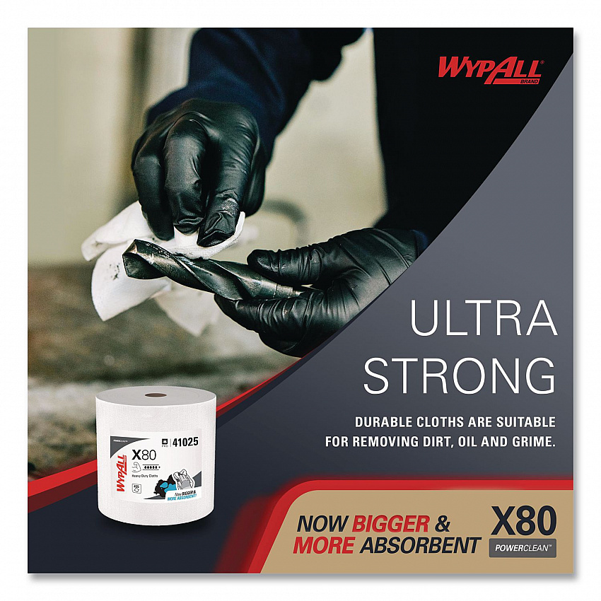Power Clean X80 Heavy Duty Cloths, Jumbo Roll, 12.4 x 12.2, White, 455/Roll (41025)