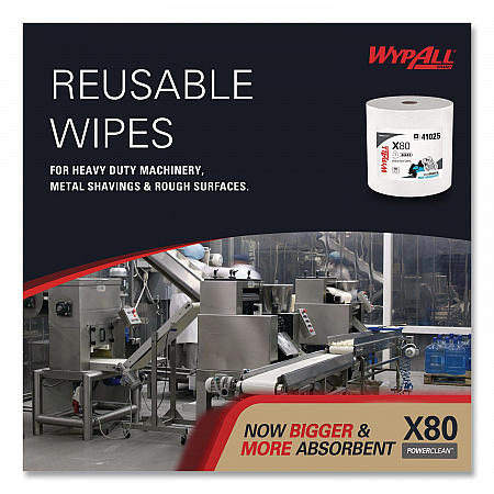 Power Clean X80 Heavy Duty Cloths, Jumbo Roll, 12.4 x 12.2, White, 455/Roll (41025)