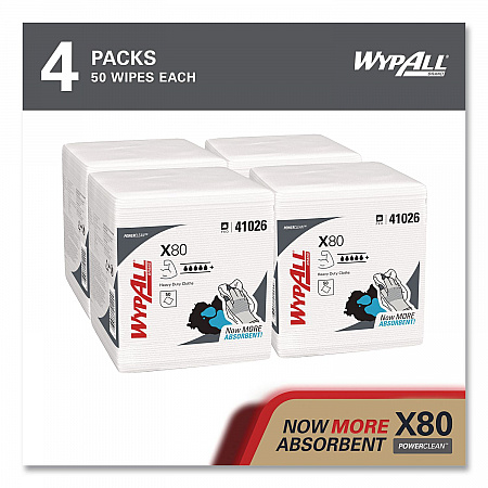 Power Clean X80 Heavy Duty Cloths, 1/4 Fold, 12.5 x 12, White, 50/Box, 4 Boxes/Carton (41026)