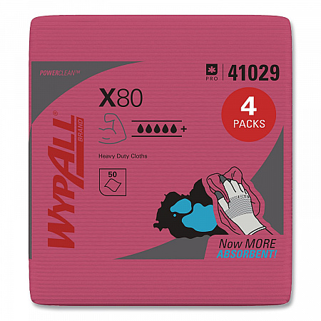 Power Clean X80 Heavy Duty Cloths, 12.5 x 12, Red, 50/Box, 4 Boxes/Carton (41029)
