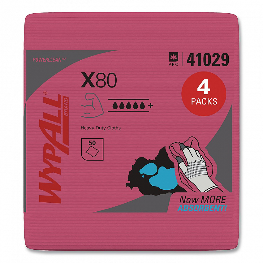 Power Clean X80 Heavy Duty Cloths, 12.5 x 12, Red, 50/Box, 4 Boxes/Carton (41029)