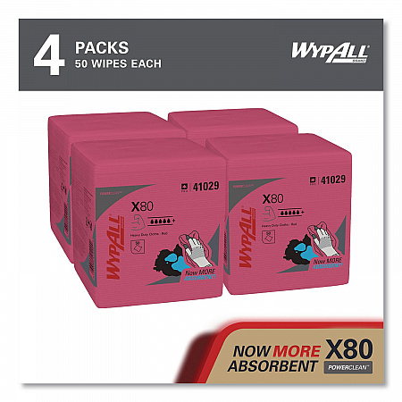 Power Clean X80 Heavy Duty Cloths, 12.5 x 12, Red, 50/Box, 4 Boxes/Carton (41029)